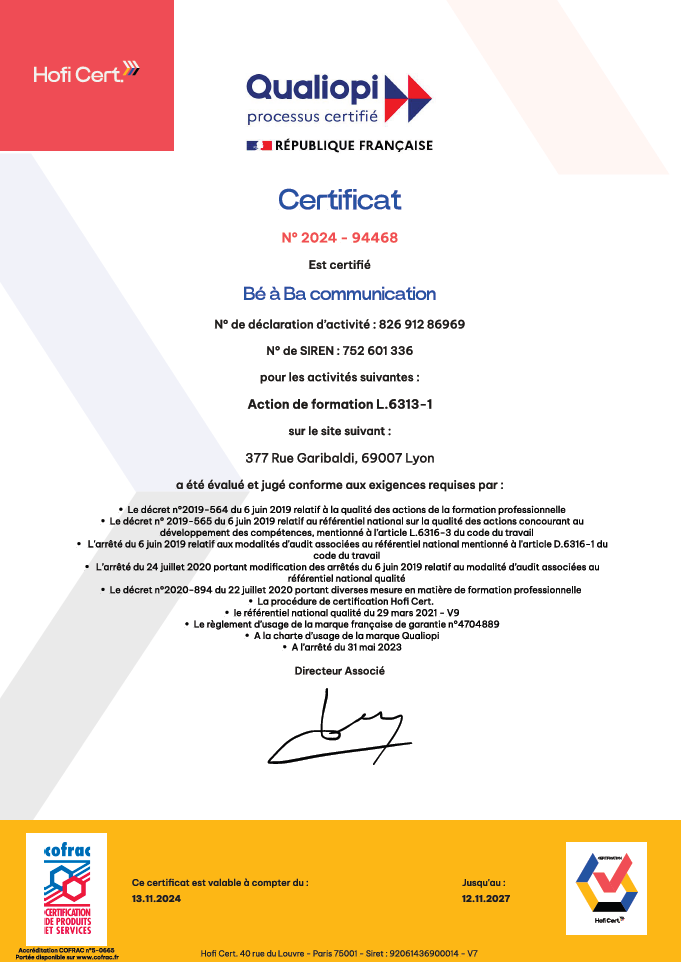 Certificat Qualiopi Certificat Qualiopi de Bé à Ba communication